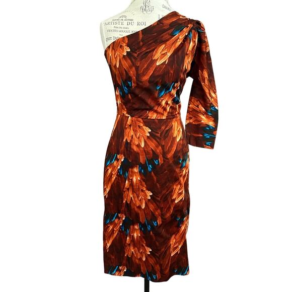 SAMANTHA SUNG Dresses & Skirts - Samantha sung orange brown blue feather one sleeve satin knee length dress sz 4